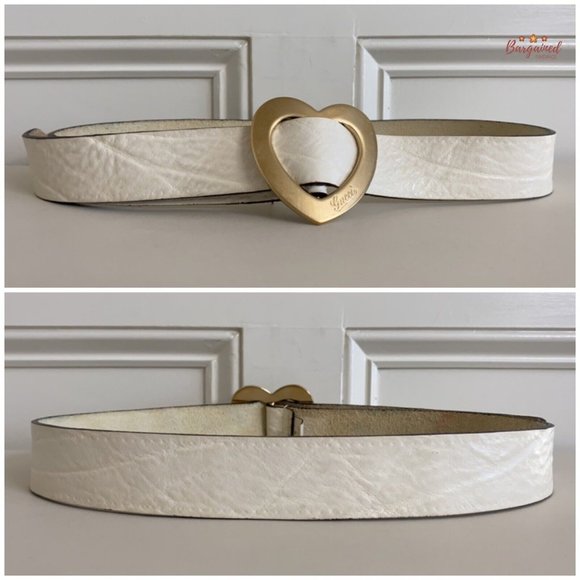 Authentic Gucci Cream Leather Gold Heart Shaped Engraved Script Logo Belt 90/36 - Picture 5 of 13